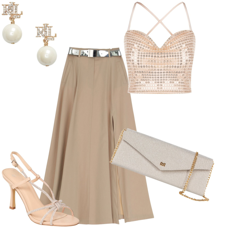 Outfit donna - Chic con poco. Stile Chic per Cerimonia. Abbinamento con sandali col tacco, pochette, top, gonne, orecchini.