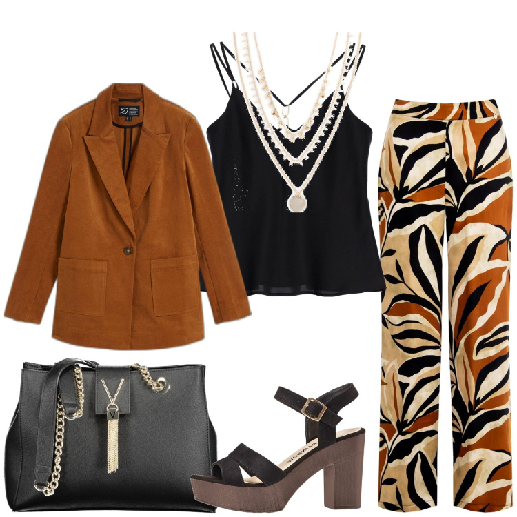Outfit donna - Total look #1946806. Stile Casual chic per Ufficio. Abbinamento con collane, sandali col tacco, blazer, pantaloni a palazzo, canottiere, borse a spalla.
