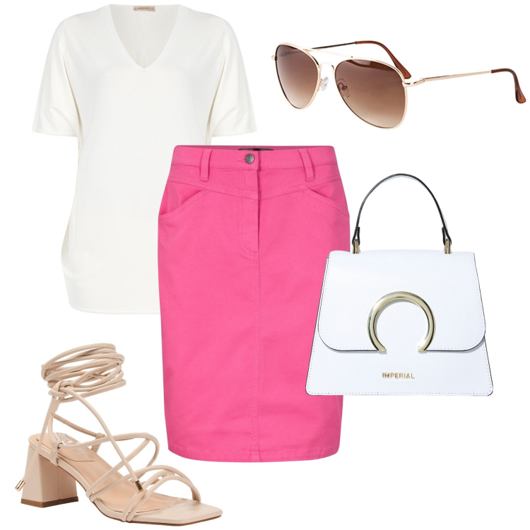 Outfit donna - La gonna a tubino. Stile Casual chic per Ufficio. Abbinamento con occhiali da sole, gonne, sandali alla schiava, bluse, borse a spalla.