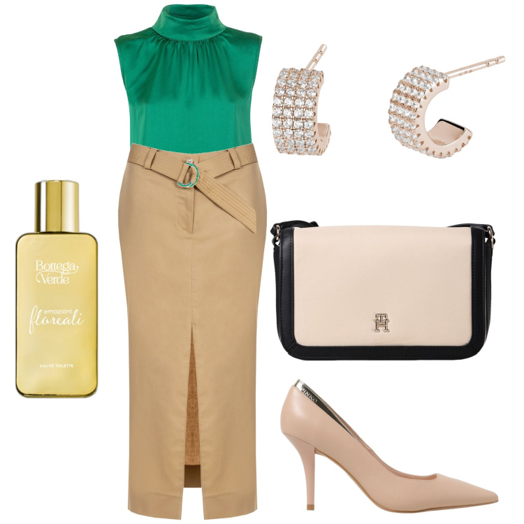 Outfit donna - Il top verde satinato. Stile Chic per Cerimonia. Abbinamento con profumi, orecchini, gonne longuette, top, décolleté, borse a tracolla.