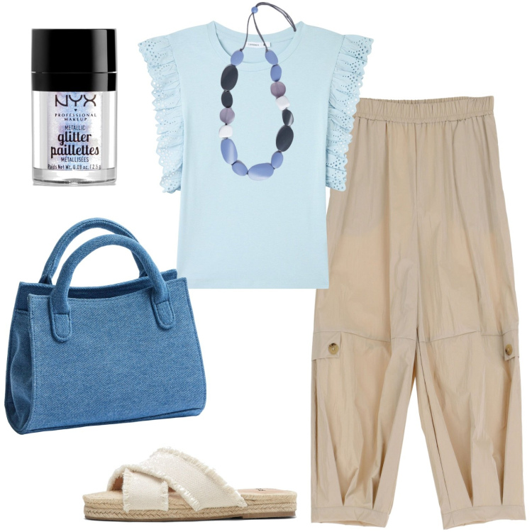 Outfit donna - Festival della chitarra. Stile Casual per Tutti i giorni. Abbinamento con ciabatte, ombretti, t-shirt, borse a tracolla, pantaloni, collane.