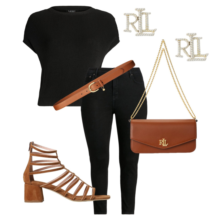 Outfit donna - Accessori marroni. Stile Rock per Serata fuori. Abbinamento con jeans skinny, cinture, orecchini, maglieria, borse a spalla, sandali col tacco.