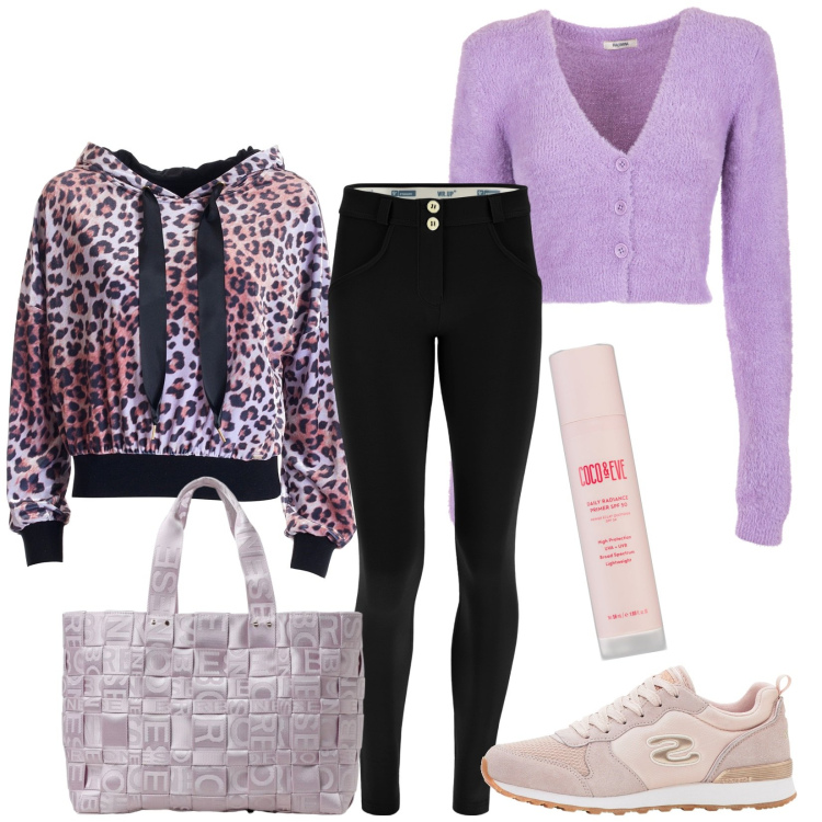 Outfit donna - Total look #1946834. Stile Casual per Tutti i giorni. Abbinamento con sneakers, primer, cardigans, felpe con cappuccio, pantaloni skinny, borse a spalla.
