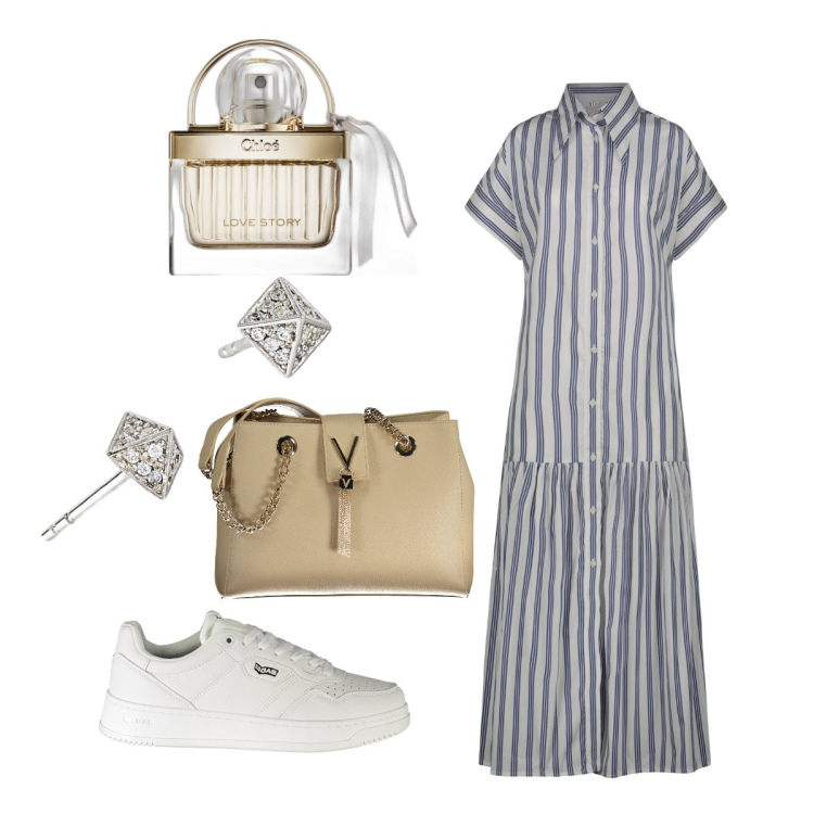 Outfit donna - Total look #1946842. Stile Minimal per Tutti i giorni. Abbinamento con profumi, orecchini, sneakers, vestiti chemisier, borse a spalla.