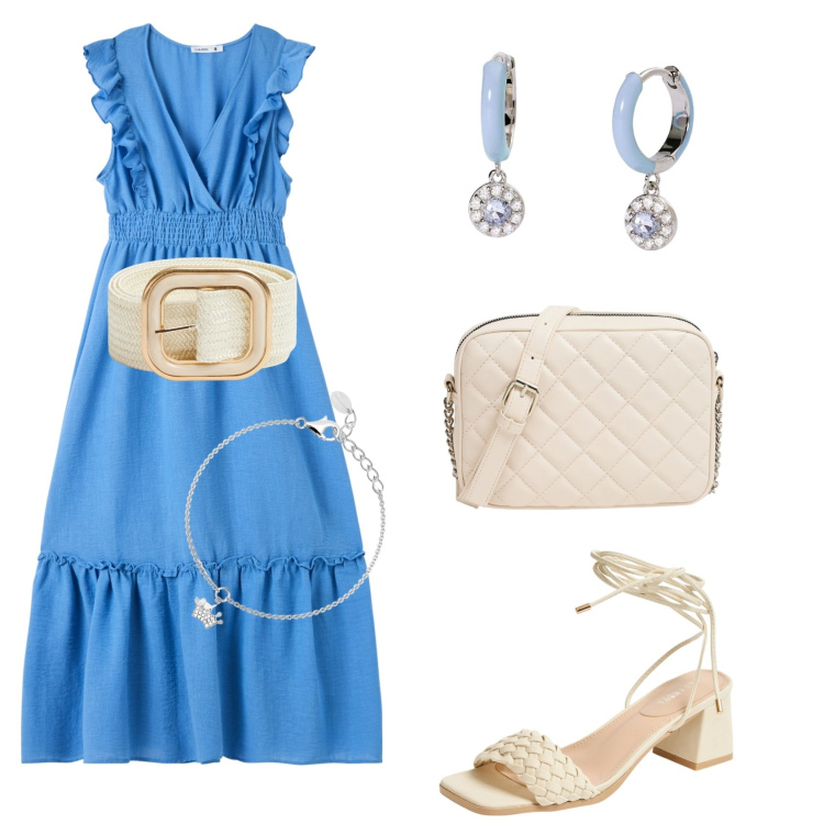 Outfit donna - Office. Stile Casual per Ufficio. Abbinamento con vestiti lunghi, cinture, sandali alla schiava, borse a tracolla, braccialetti con ciondoli, orecchini.