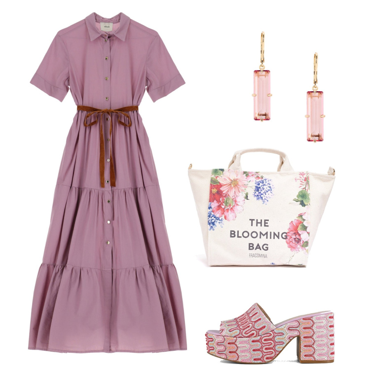Outfit donna - A blooming day. Stile Casual chic per Ufficio. Abbinamento con borse tote, vestiti lunghi, orecchini, sabot.