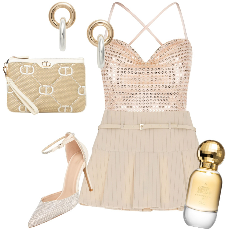 Outfit donna - Vamos a ballar. Stile Preppy per Serata fuori. Abbinamento con minigonne, profumi, décolleté, top, orecchini, clutch.