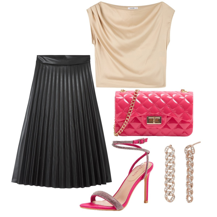 Outfit donna - Aperitivo di venerdì. Stile Minimal per Serata fuori. Abbinamento con borse a tracolla, gonne lunghe, bluse, sandali col tacco, orecchini.