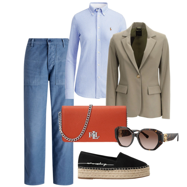 Outfit donna - In città. Stile Bon Ton per Tutti i giorni. Abbinamento con camicie, borse a mano, pantaloni, occhiali da sole, espadrillas, blazer.