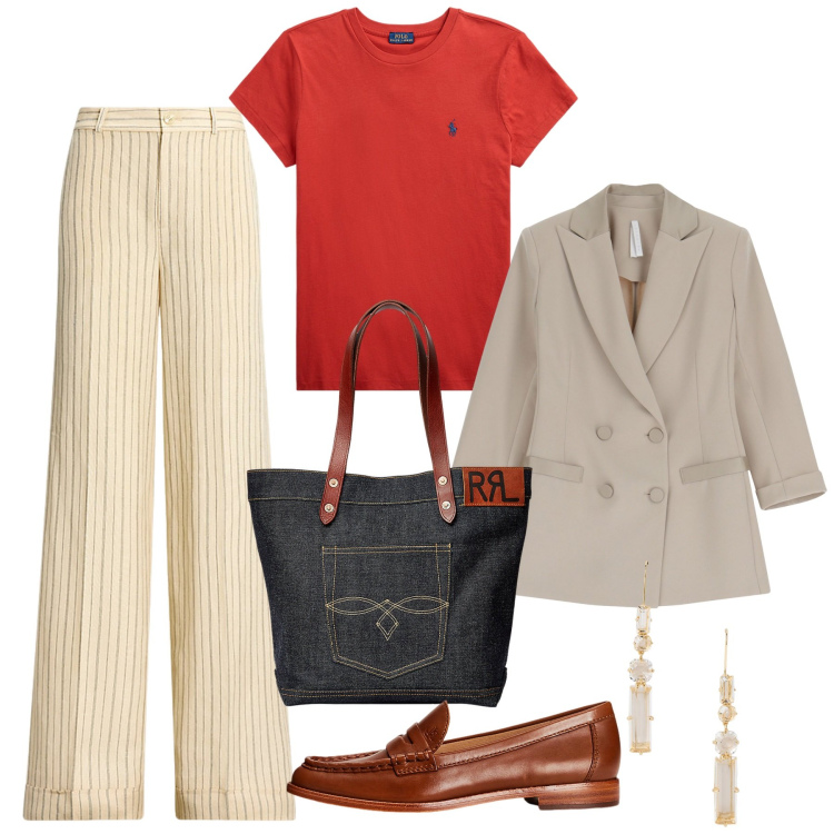 Outfit donna - Rosso vivo. Stile Mannish per Tutti i giorni. Abbinamento con blazer, borse tote, mocassini, t-shirt, pantaloni, orecchini.