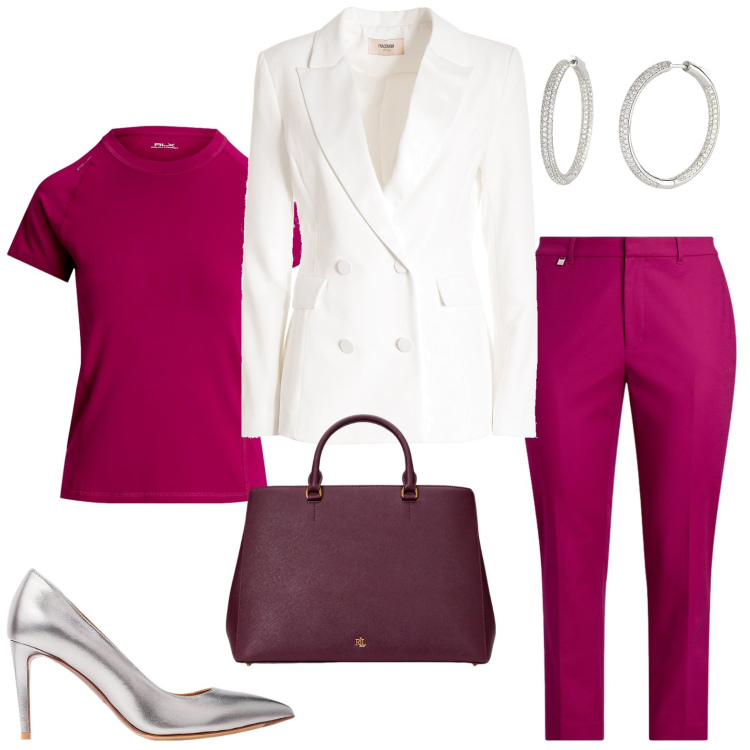 Outfit donna - Al lavoro in magenta. Stile Chic per Ufficio. Abbinamento con orecchini, blazer, borse a mano, pantaloni, décolleté, t-shirt.