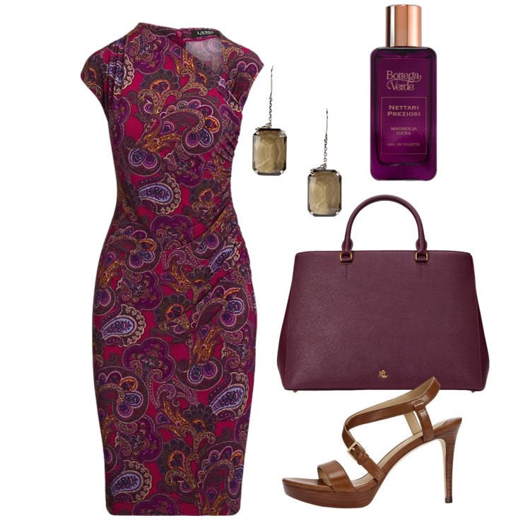 Outfit donna - Tempo di vendemmia. Stile Chic per Serata fuori. Abbinamento con profumi, borse a mano, vestiti asimmetrici, sandali in pelle, orecchini.