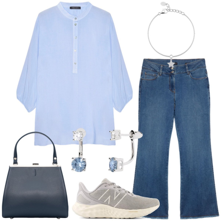 Outfit donna - Total look #1946937. Stile Casual per Tutti i giorni. Abbinamento con braccialetti con ciondoli, orecchini, sneakers, clutch, jeans, bluse.