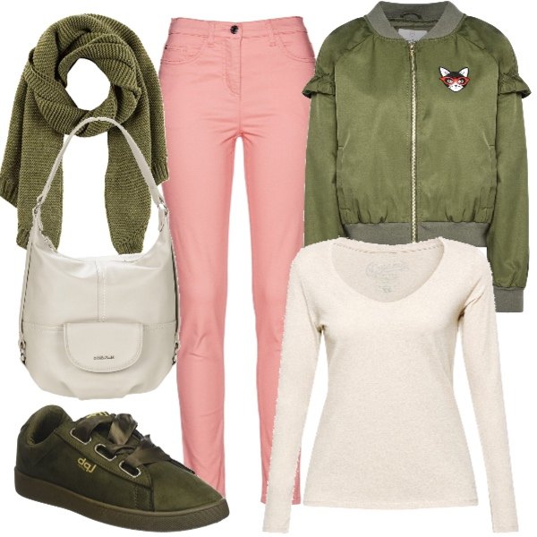 Outfit donna - Palette d’autunno. Stile Basic per Tutti i giorni. Abbinamento con giubbotto contrasto collo tondo a maniche lunghe con zip interno foderato tinta unita, pantalone elasticizzato arancione, borsa beige, maglia a maniche lunghe beige e crema, sneakers verde e kaki, sciarpa.