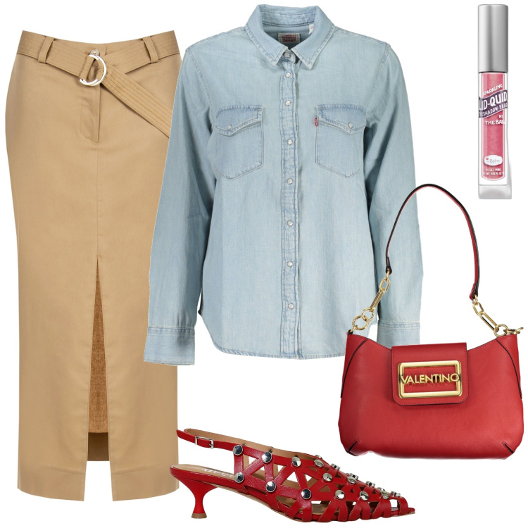 Outfit donna - Back to school. Stile Sporty chic per Scuola/Università. Abbinamento con ombretti, gonne longuette, sandali col tacco, camicie, borse a spalla.