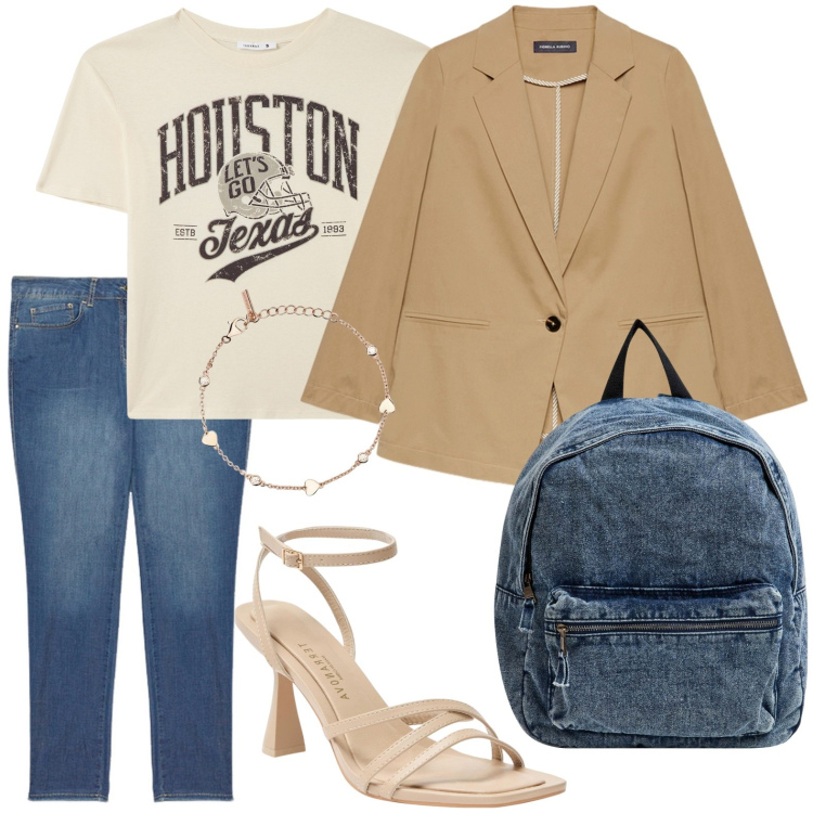 Outfit donna - Lo zaino in jeans. Stile Casual chic per Ufficio. Abbinamento con braccialetti, t-shirt, zaini, sandali col tacco, blazer, jeans skinny.