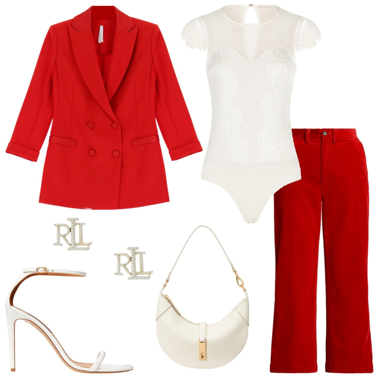 Outfit donna - Appuntamento in rosso. Stile Chic per Serata fuori. Abbinamento con body, blazer, borse a spalla, orecchini, pantaloni, sandali in pelle.