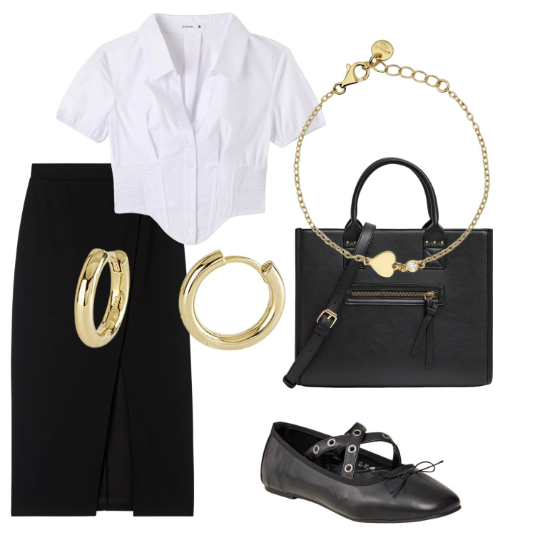 Outfit donna - Back to work. Stile Casual chic per Ufficio. Abbinamento con shopping bag, gonne lunghe, camicie a manica corta, ballerine, braccialetti, orecchini.