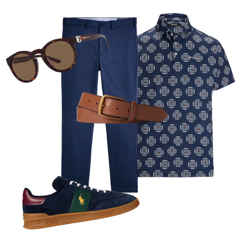 Outfit uomo - Total blue per l’ufficio ad agosto. Stile Trendy per Ufficio. Abbinamento con cinture, occhiali da sole, sneakers, polo, pantaloni chino.