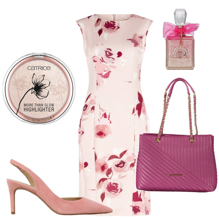 Outfit donna - L\'abito floreale. Stile Chic per Ufficio. Abbinamento con profumi, ciprie, vestiti a tubino, scarpe col tacco, borse a spalla.