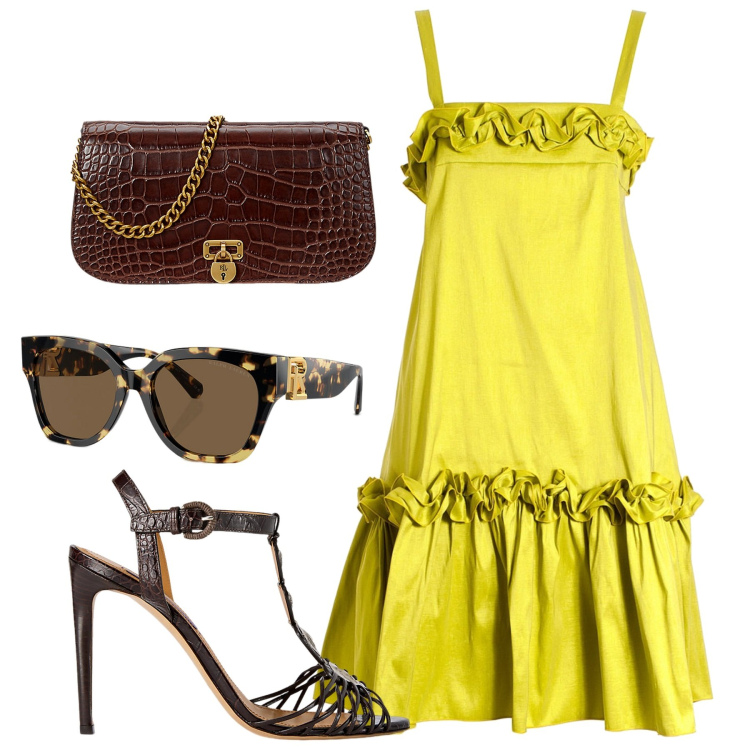 Outfit donna - Ancora estate. Stile Glamour per Tutti i giorni. Abbinamento con vestiti midi/longuette, occhiali da sole, sandali col tacco, borse a tracolla.