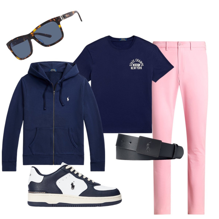 Outfit uomo - Giornata al mare…. Stile Trendy per Mare. Abbinamento con felpe con cappuccio, cinture, occhiali da sole, sneakers, pantaloni chino, t-shirt.