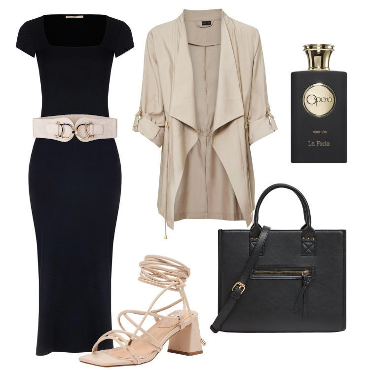 Outfit donna - Tubino lungo e blazer H24. Stile Trendy per Tutti i giorni. Abbinamento con blazer, cinture, profumi, shopping bag, sandali alla schiava, vestiti midi/longuette.