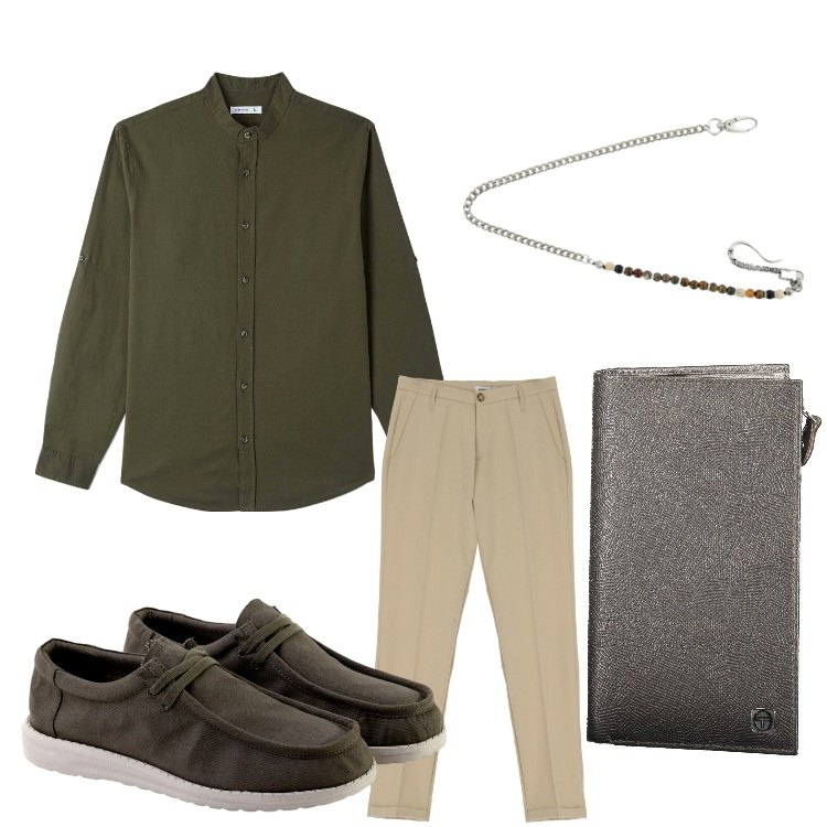 Outfit uomo - Modalità agosto. Stile Casual per Tutti i giorni. Abbinamento con camicie, collane, pantaloni chino, scarpe stringate, portafogli.