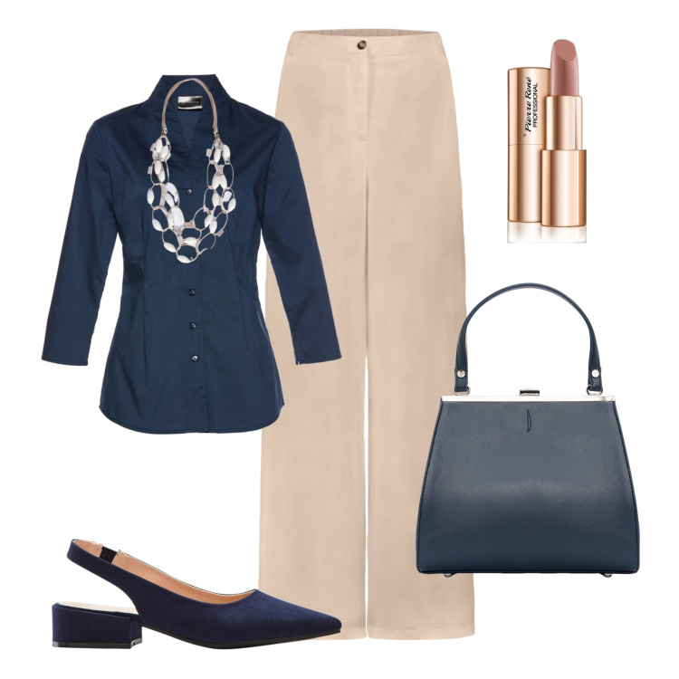 Outfit donna - Minimal con stile in ufficio. Stile Minimal per Ufficio. Abbinamento con camicie, décolleté, rossetti, clutch, pantaloni, collane.