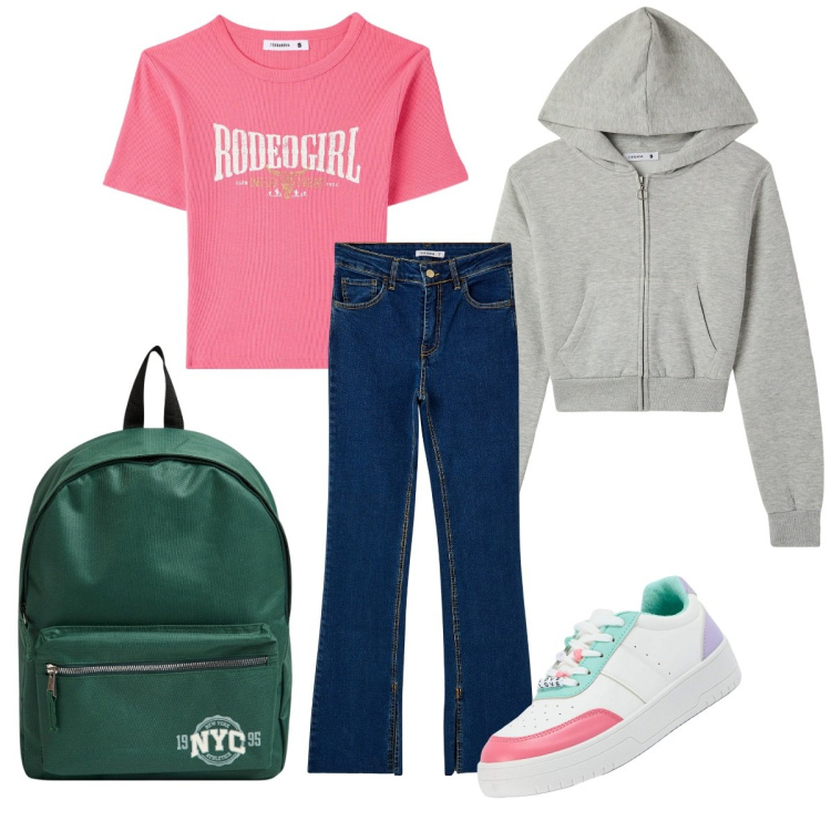 Outfit donna - Come e quando vuoi. Stile Sporty chic per Tutti i giorni. Abbinamento con zaini, t-shirt, sneakers, jeans dritti, felpe con cappuccio.