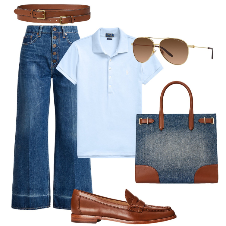 Outfit donna - Polo, jeans, mocassini: un evergreen. Stile Sporty chic per Tutti i giorni. Abbinamento con mocassini, polo, jeans, borse tote, cinture, occhiali da sole.