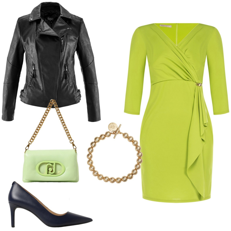 Outfit donna - Abito verde lime. Stile Chic per Serata fuori. Abbinamento con blazer, vestiti midi/longuette, braccialetti, décolleté, borse a spalla.