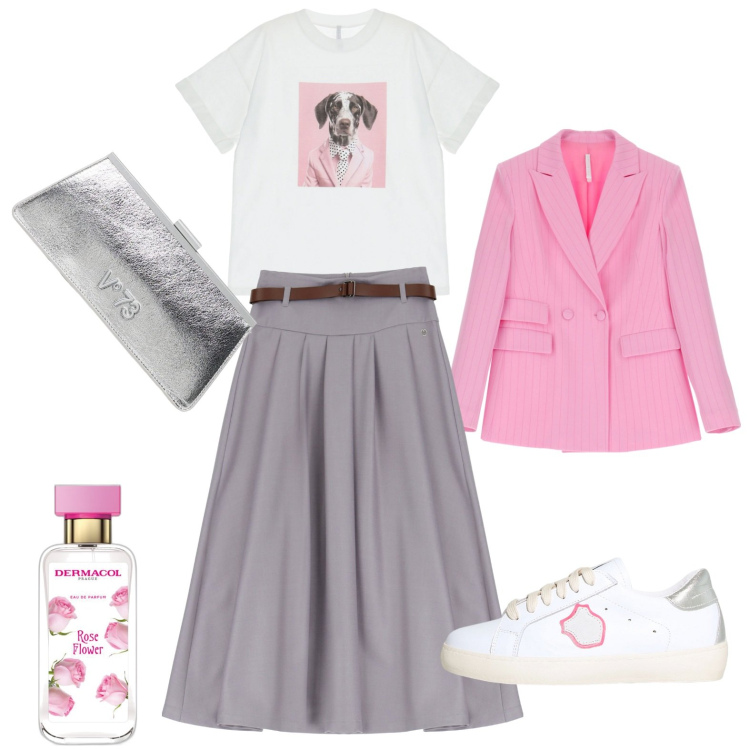 Outfit donna - Bon ton ma non troppo. Stile Bon Ton per Tutti i giorni. Abbinamento con profumi, gonne longuette, sneakers, blazer, t-shirt, clutch.