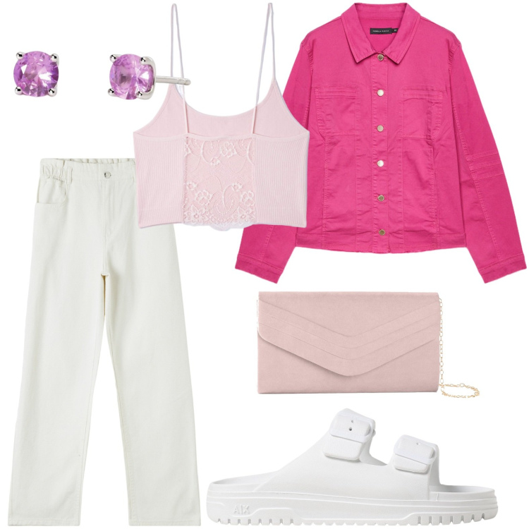 Outfit donna - Denim rosa. Stile Glamour per Tutti i giorni. Abbinamento con pochette, pantaloni, top, orecchini, blazer, sandali.