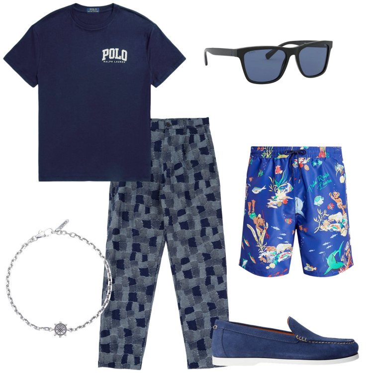 Outfit uomo - Costume multicolore a sorpresa. Stile Casual per Mare. Abbinamento con braccialetti, pantaloni cargo, scarpe stringate, occhiali da sole, costumi, t-shirt.