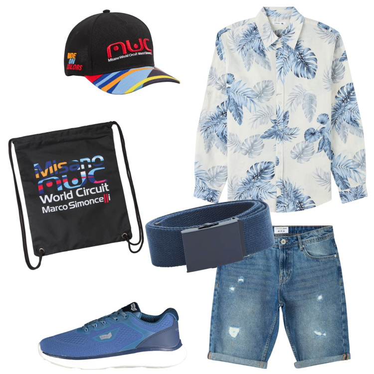 Outfit uomo - Al Moto GP a Misano 8/9/2024. Stile Trendy per Tutti i giorni. Abbinamento con cappelli, borse sportive, camicie, bermuda, cinture, sneakers.