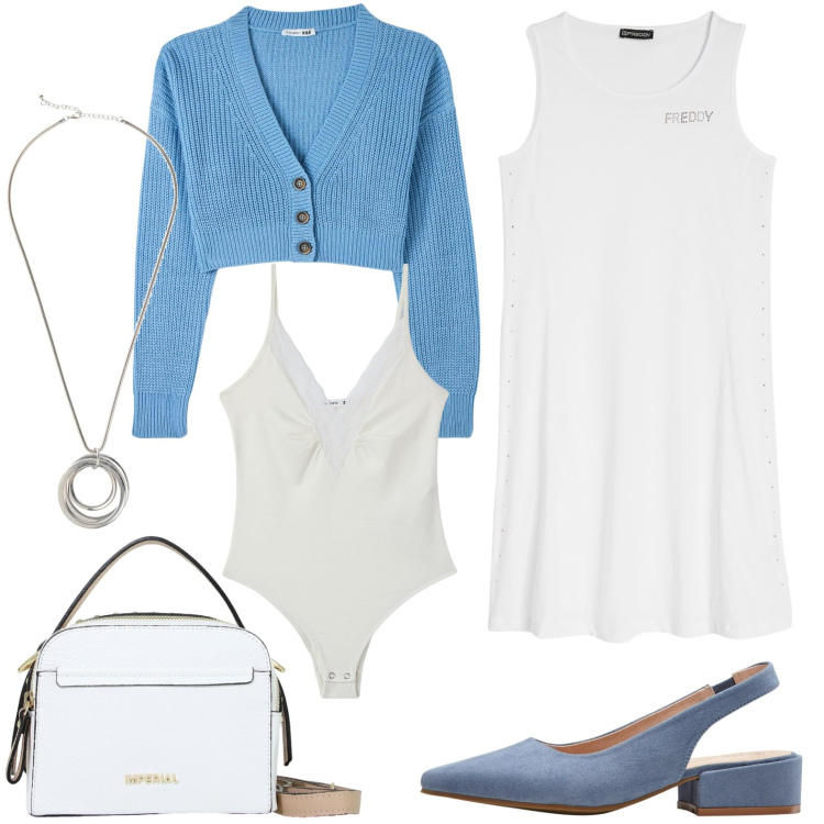 Outfit donna - Il golfino mini. Stile Chic per Ufficio. Abbinamento con décolleté, collane, cardigans, body, borse a spalla, vestiti senza maniche.