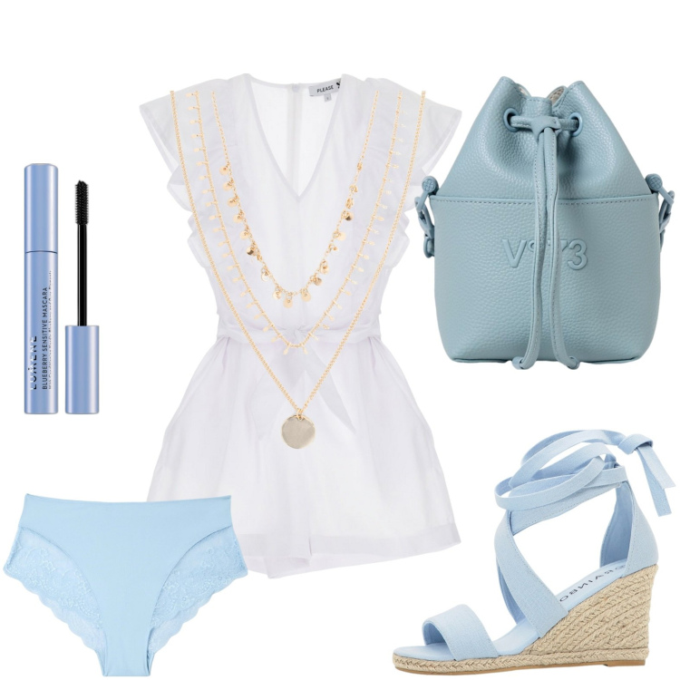 Outfit donna - Accessori azzurri. Stile Chic per Mare. Abbinamento con collane, sandali, mascara, culotte, vestiti corti, borse a spalla.