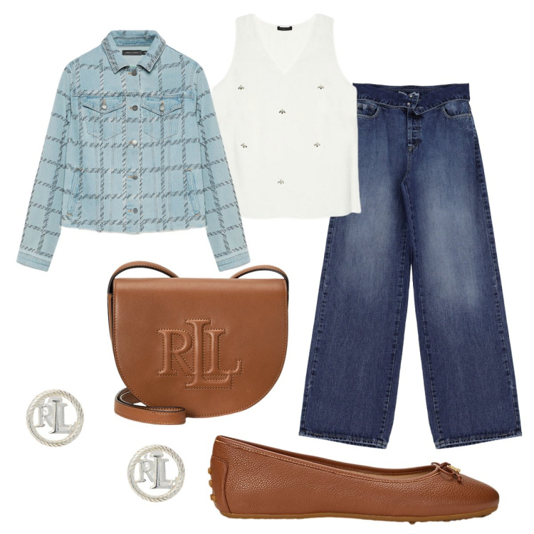 Outfit donna - Back to Love to hate you. Stile Casual chic per Ufficio. Abbinamento con jeans, borse a tracolla, orecchini, ballerine, blazer, top.