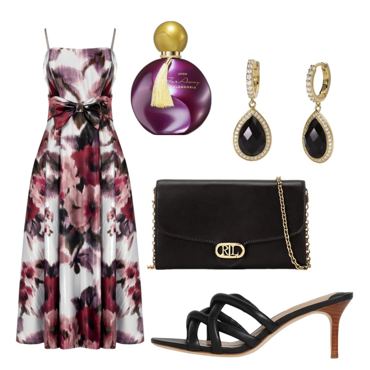 Outfit donna - Come negli anni ‘50. Stile Vintage retrò per Serata fuori. Abbinamento con profumi, orecchini, vestiti midi/longuette, borse a tracolla, sandali in pelle.