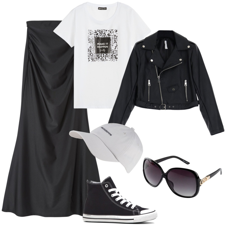Outfit donna - Tendenza in città. Stile Urban per Tutti i giorni. Abbinamento con sneakers alte, occhiali da sole, gonne lunghe, cappelli, giacche, t-shirt.