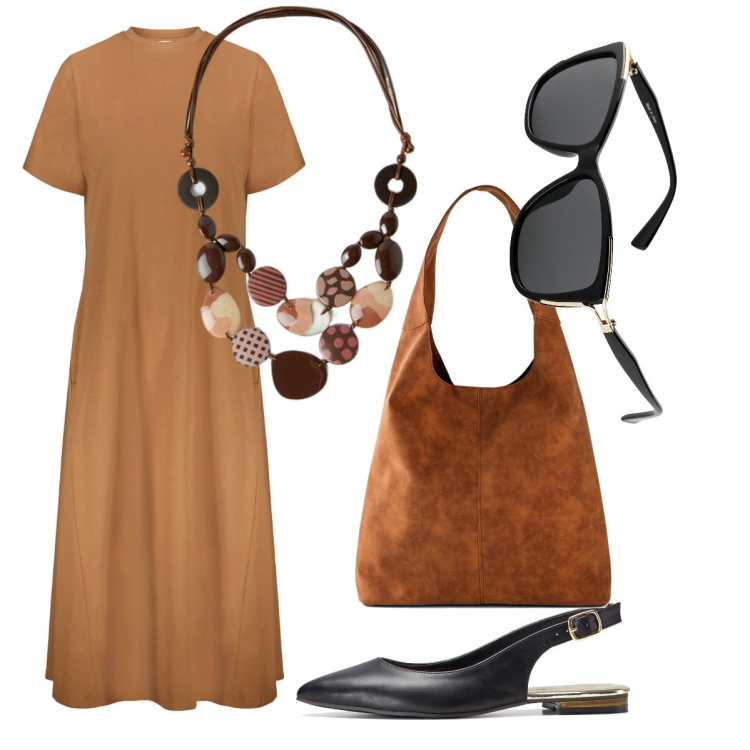 Outfit donna - Un po\' etnico. Stile Sexy per Tutti i giorni. Abbinamento con ballerine, occhiali da sole, shopping bag, vestiti midi/longuette, collane.