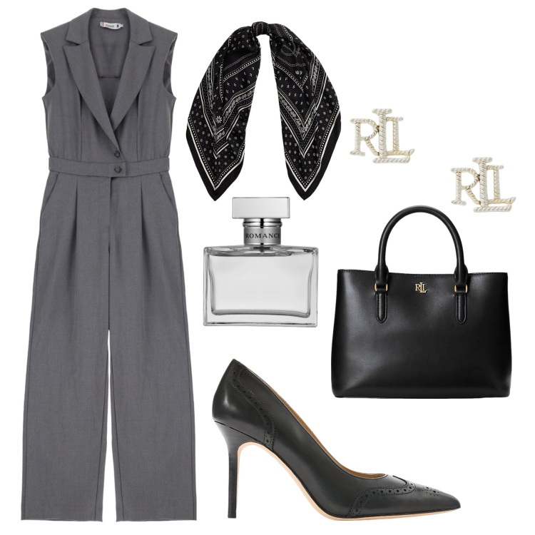Outfit donna - La jumpsuite in ufficio, eleganza basica. Stile Glamour per Ufficio. Abbinamento con profumi, tute, orecchini, borse a mano, décolleté, foulard.