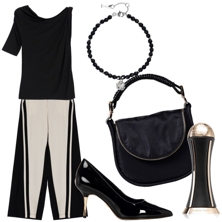 Outfit donna - Serata dedicata. Stile Trendy per Serata fuori. Abbinamento con profumi, braccialetti, top, pantaloni a palazzo, décolleté, borse a spalla.