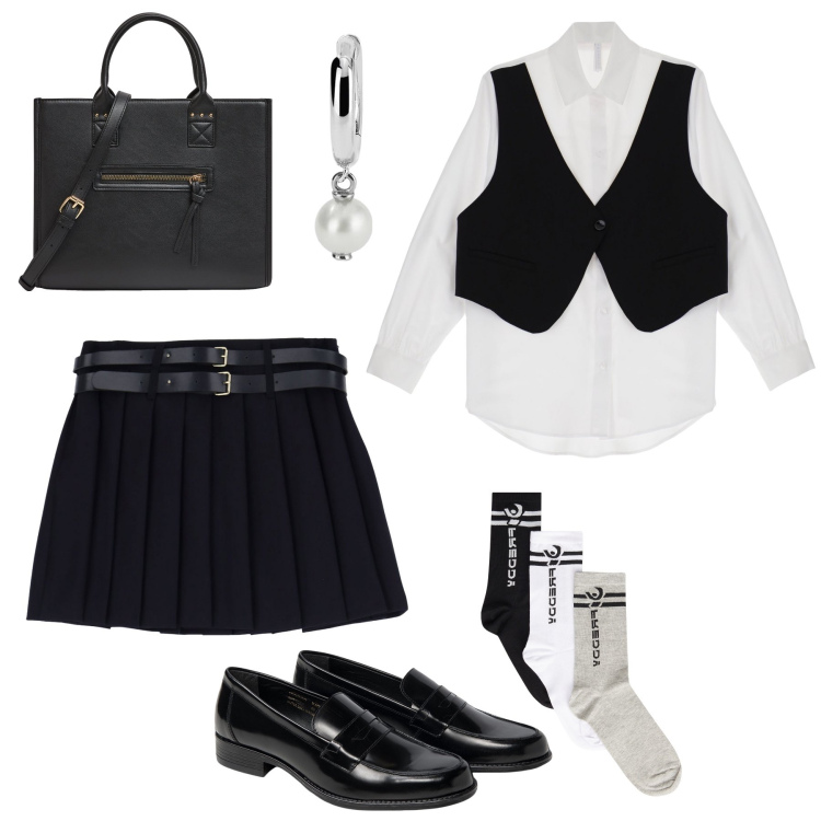 Outfit donna - Università, città, ufficio: scegli tu !. Stile Preppy per Tutti i giorni. Abbinamento con shopping bag, orecchini, minigonne, camicie, calzini, mocassini.