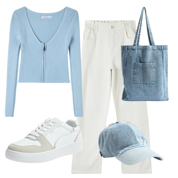 Outfit donna - Back to school. Stile Casual per Scuola/Università. Abbinamento con pantaloni, shopping bag, maglieria, cappelli, sneakers.
