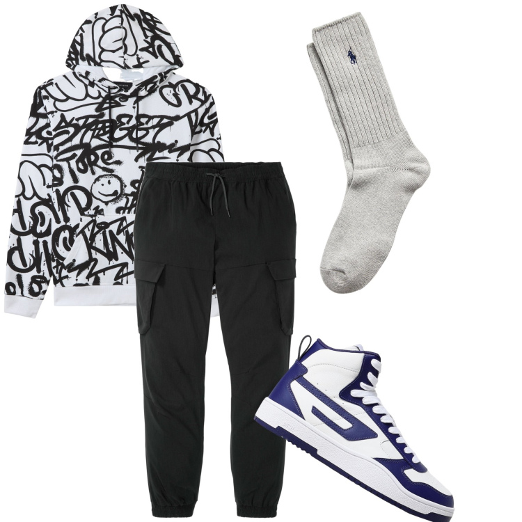 Outfit uomo - Disegno graffiti. Stile Urban per Tutti i giorni. Abbinamento con pantaloni cargo, felpe con cappuccio, calzini, sneakers.