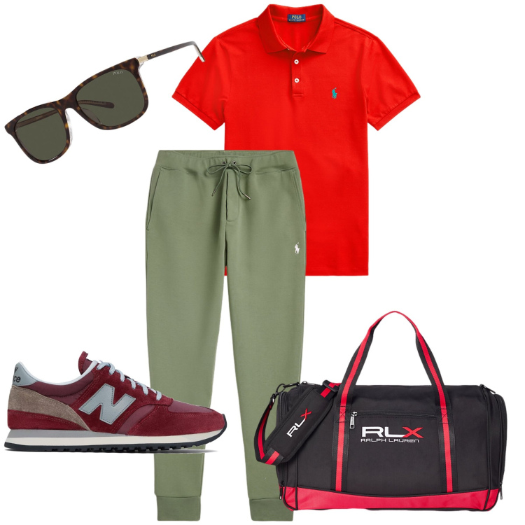 Outfit uomo - A giocare a golf. Stile Trendy per Sport. Abbinamento con sneakers, polo, borse sportive, pantaloni, occhiali da sole.