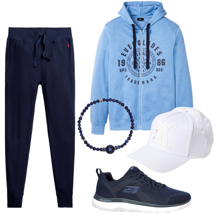 Outfit uomo - Sport all\'aperto. Stile Urban per Sport. Abbinamento con felpe con cappuccio, sneakers, braccialetti, pantaloni, cappelli.
