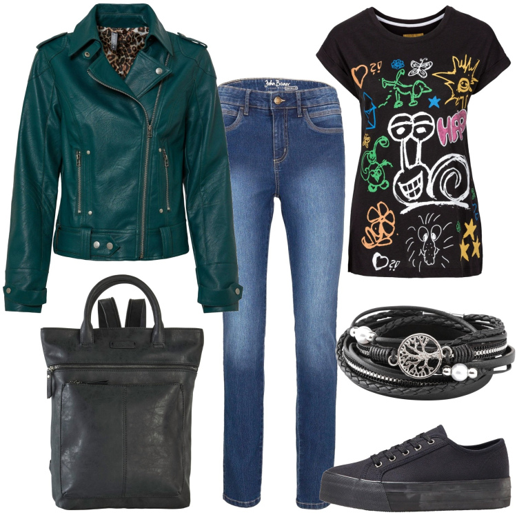 Outfit donna - Bonprix FW 24. Stile Rock per Tutti i giorni. Abbinamento con t-shirt, jeans skinny, sneakers, braccialetti, zaini, blazer.